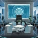 Sala de conferência moderna com mesa de vidro, cadeiras ergonômicas pretas e quadro branco digital interativo.